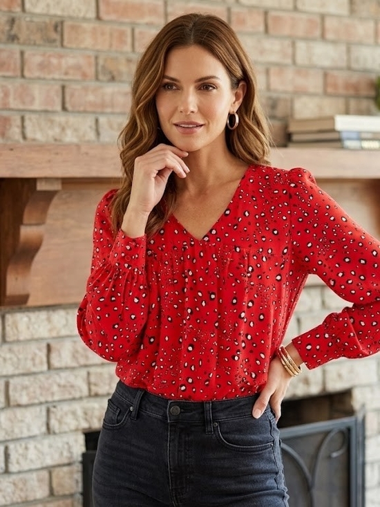 JODIFL Tops - JODIFL Red Printed V-Neck Long-Sleeve Blouse